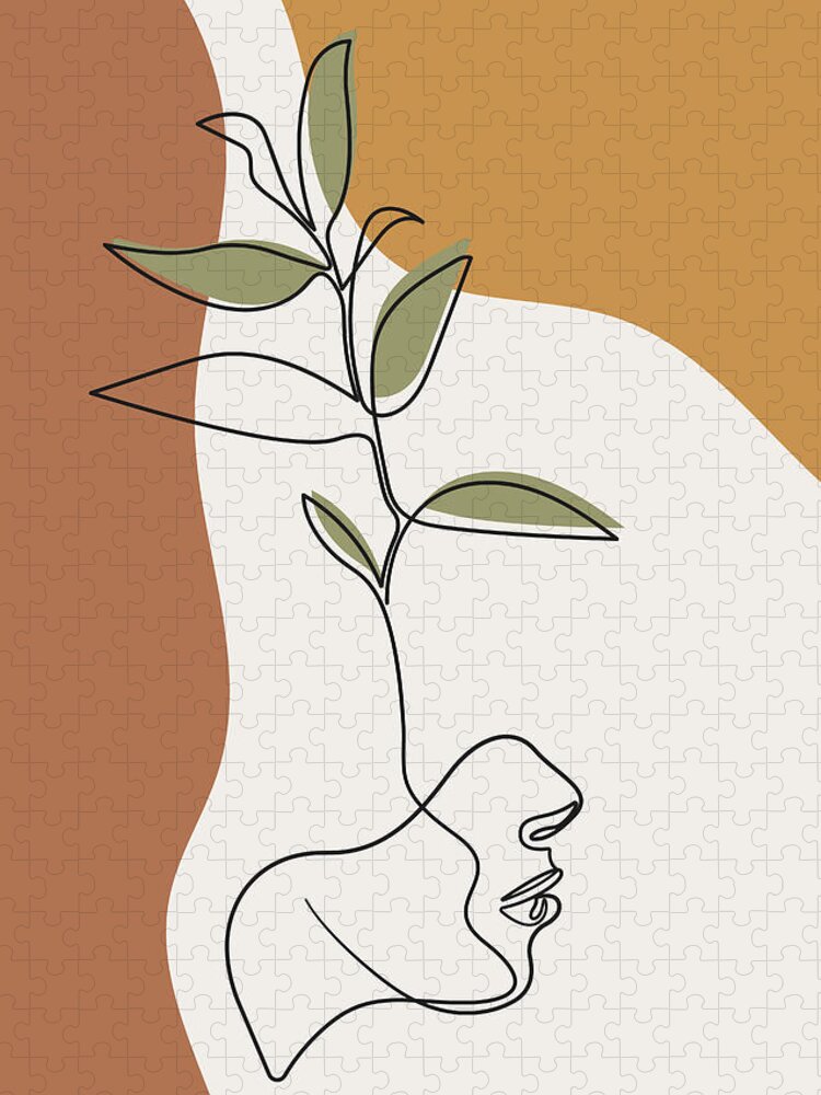 Outline Jigsaw Puzzle featuring the drawing Flower line drawing, creative face fashion, continuous line drawing art, one line drawing design by Mounir Khalfouf