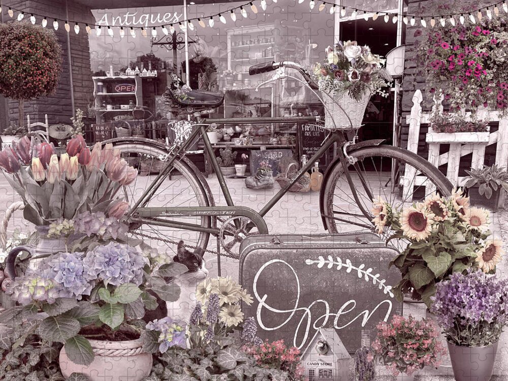 Fence Jigsaw Puzzle featuring the photograph Flowers and Bike on the Sidewalk Antique Tones by Debra and Dave Vanderlaan