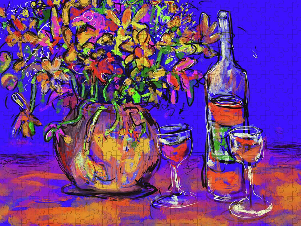 Blue Jigsaw Puzzle featuring the digital art Flowers and wine by Jeremy Holton