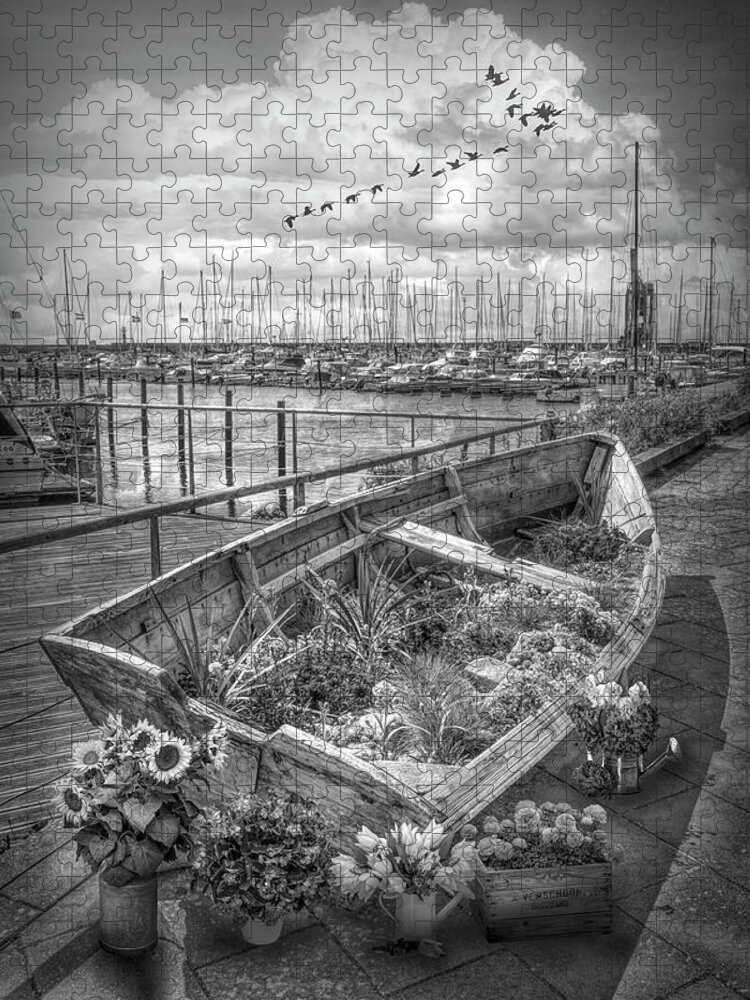 Boats Jigsaw Puzzle featuring the photograph Flowers in a Rowboat in Black and White by Debra and Dave Vanderlaan