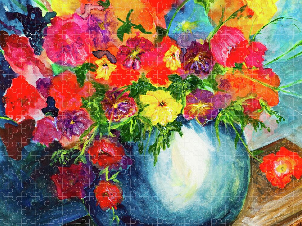Acrylic Jigsaw Puzzle featuring the painting Flowers in Blue Bowl by Lee Beuther