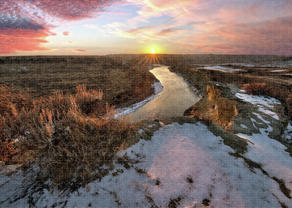 Badlands Jigsaw Puzzle featuring the photograph Flowing to the Sun 2 - Sunset Panorama of Little Missouri at Wind Canyon- Badlands National Park ND by Peter Herman