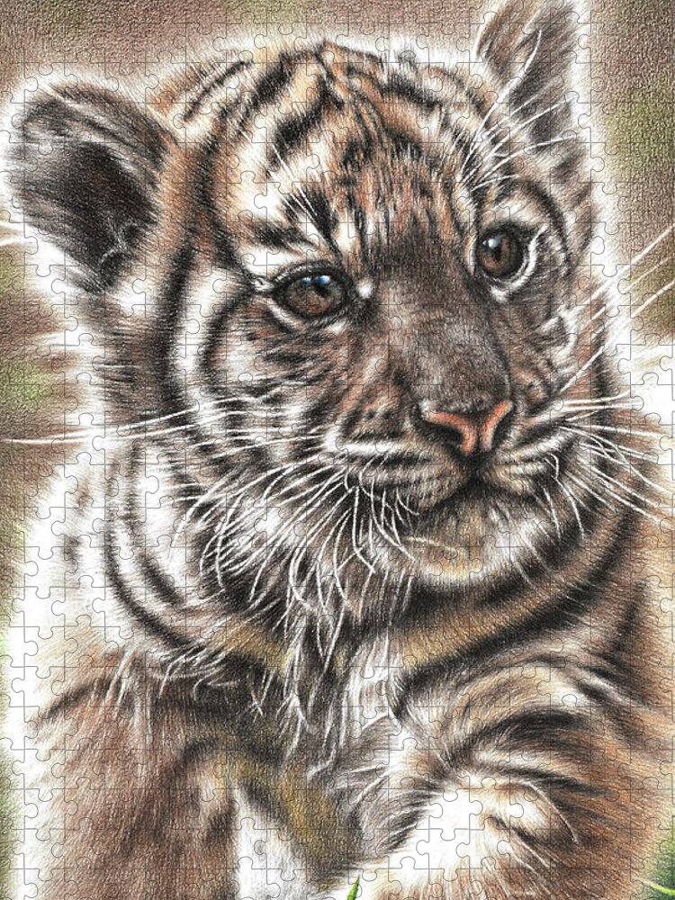Tiger Jigsaw Puzzle featuring the drawing Fluffy Tiger Cub by Casey 'Remrov' Vormer