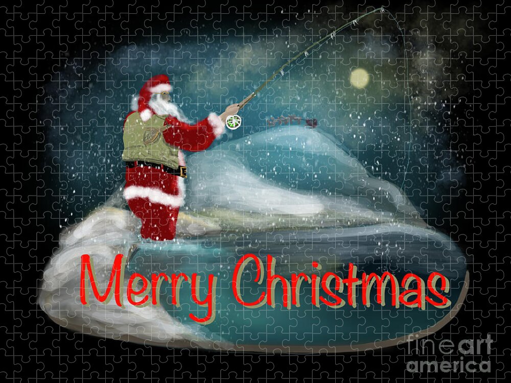 Happy Holidays Jigsaw Puzzle featuring the digital art Fly Fishing Santa by Doug Gist