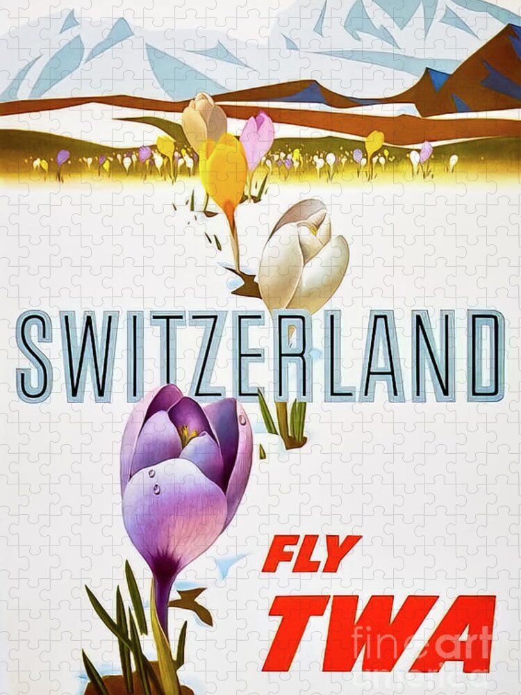 Airline Jigsaw Puzzle featuring the drawing Fly TWA to Switzerland Travel Poster 1959 by M G Whittingham