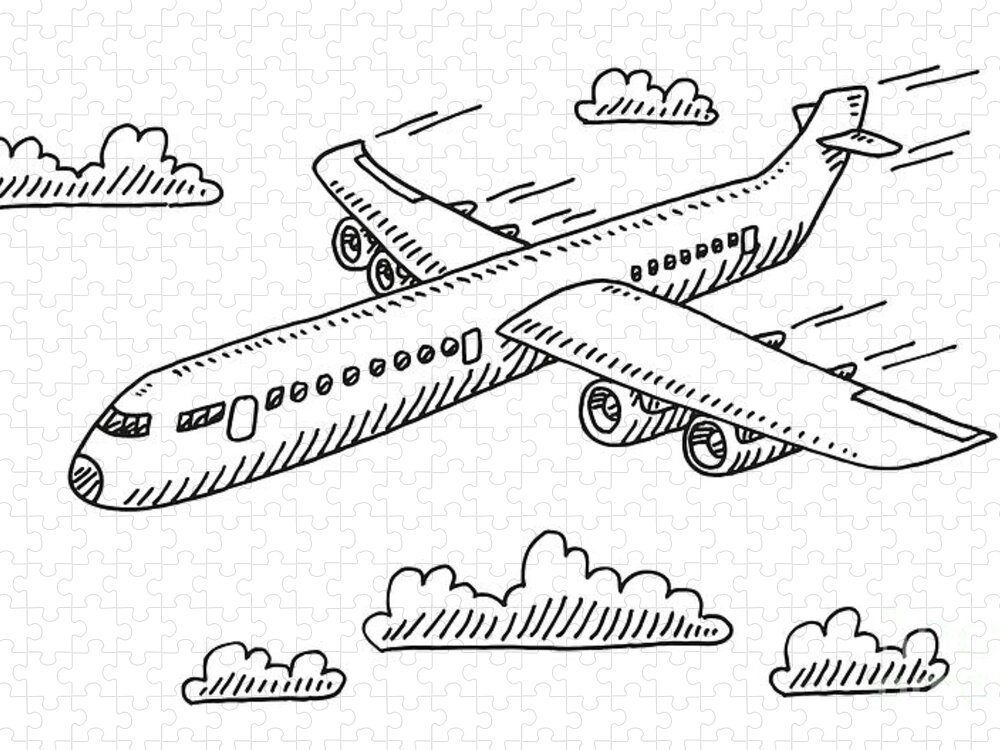 Sketch Jigsaw Puzzle featuring the drawing Flying Airplane Drawing by Frank Ramspott