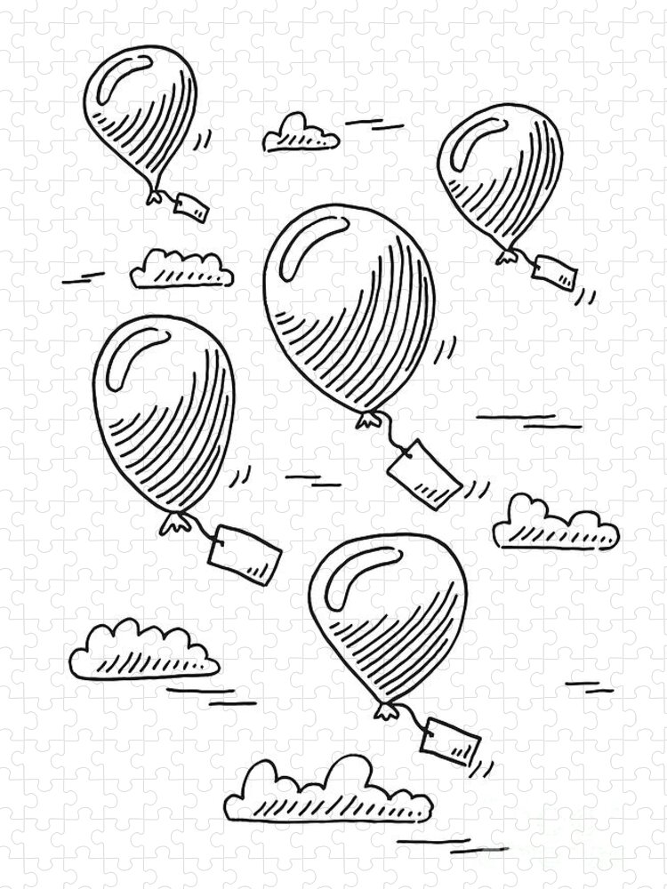 Sketch Jigsaw Puzzle featuring the drawing Flying Balloons With Postcards Drawing by Frank Ramspott