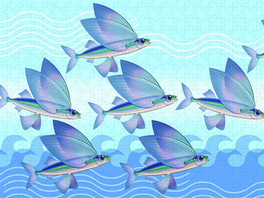 Fish Jigsaw Puzzle featuring the digital art Flying Fish Wave Nature Panel by Tim Phelps