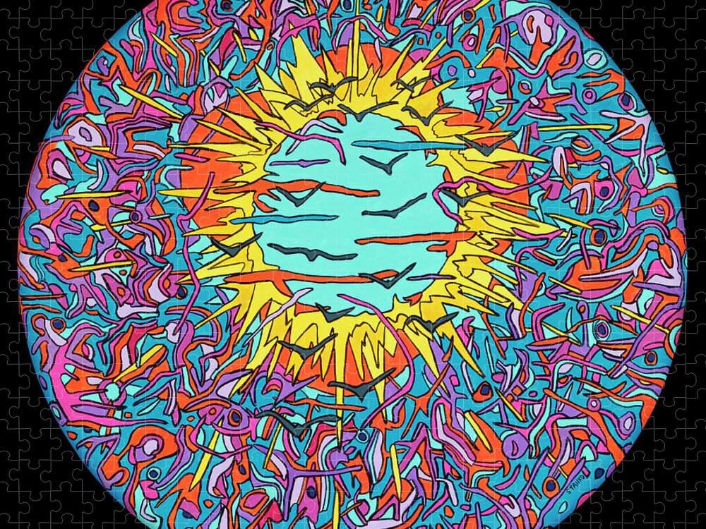 Flying Psychedelic Pop Art Colorful Sun Jigsaw Puzzle featuring the painting Flying through the Sun by Mike Stanko