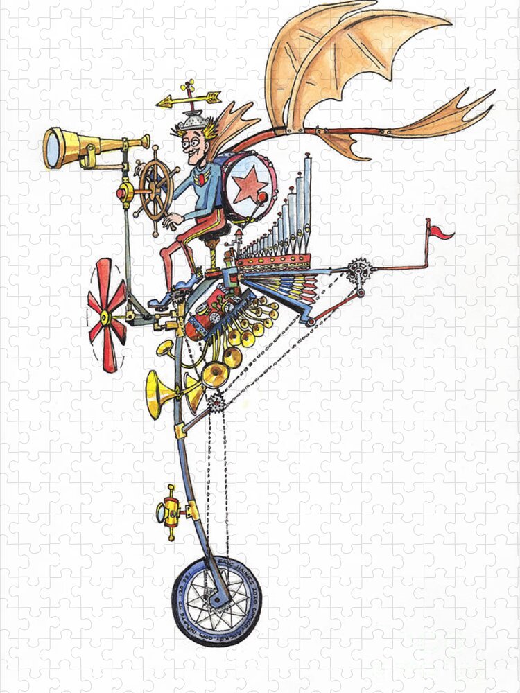  Inventor Jigsaw Puzzle featuring the drawing Flying Unicycle Band by Eric Haines