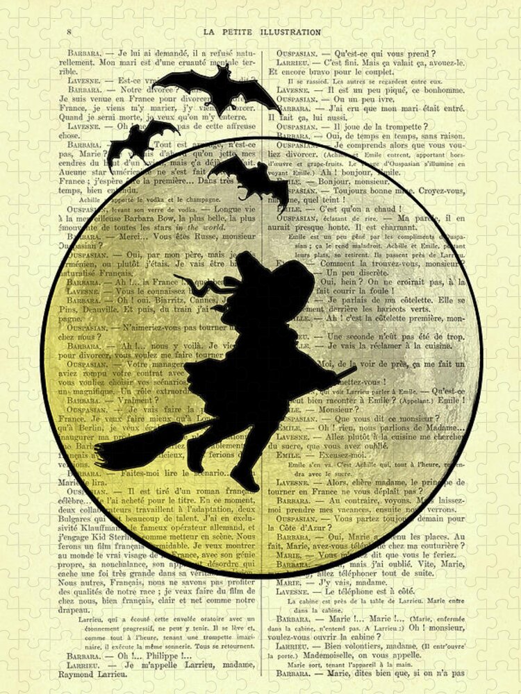 Halloween Jigsaw Puzzle featuring the digital art Flying Witch With Full Moon by Madame Memento