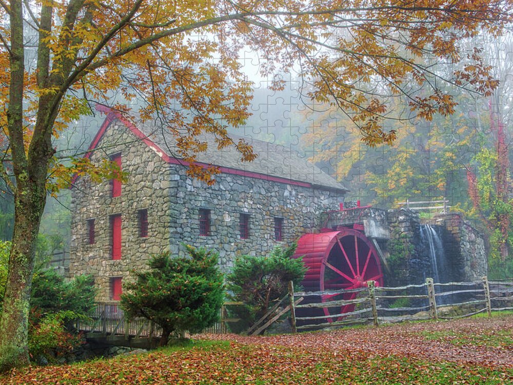 New England Fall Foliage Jigsaw Puzzle featuring the photograph Fog and Fall Colors at the Sudbury Grist Mill by Juergen Roth