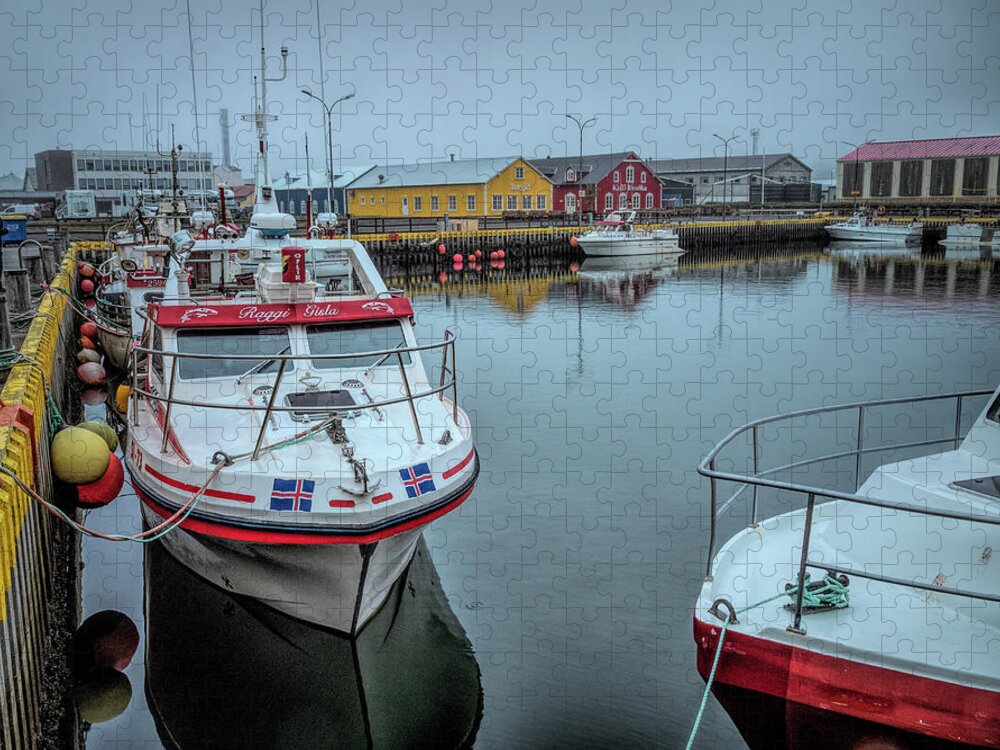 Landscape Jigsaw Puzzle featuring the photograph Foggy Day at Siglifjordur Harbor by Kristia Adams