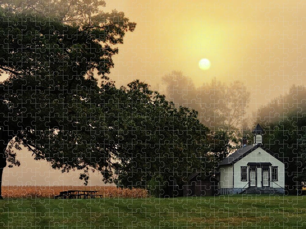 Cooksville Jigsaw Puzzle featuring the photograph Foggy Memories - Cooksville WI Schoolhouse in foggy fall sunrise by Peter Herman