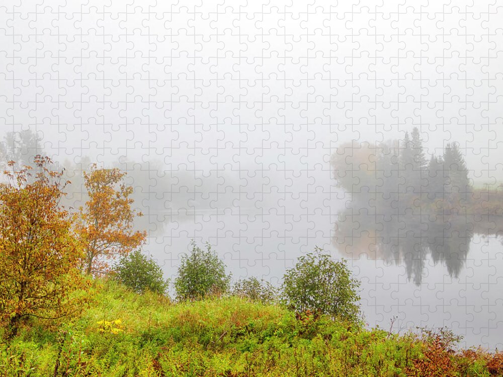 Connecticut River Jigsaw Puzzle featuring the photograph Foggy Morning and Fall Foliage at the Connecticut River by Juergen Roth