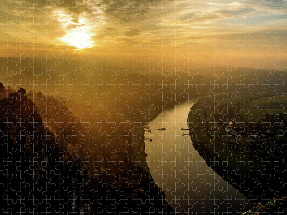 Saxon Switzerland Jigsaw Puzzle featuring the photograph Foggy sunrise at the Elbe by Sun Travels