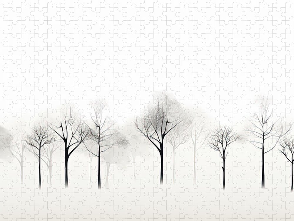 Foggy Trees Art Jigsaw Puzzle featuring the painting Foggy Whispers - Black and White Foggy Forest Art by Lourry Legarde