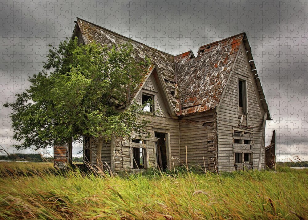 Farmhouse Jigsaw Puzzle featuring the photograph Foreboding - abandoned farmhouse on the ND prairie by small lake - COLOR version by Peter Herman