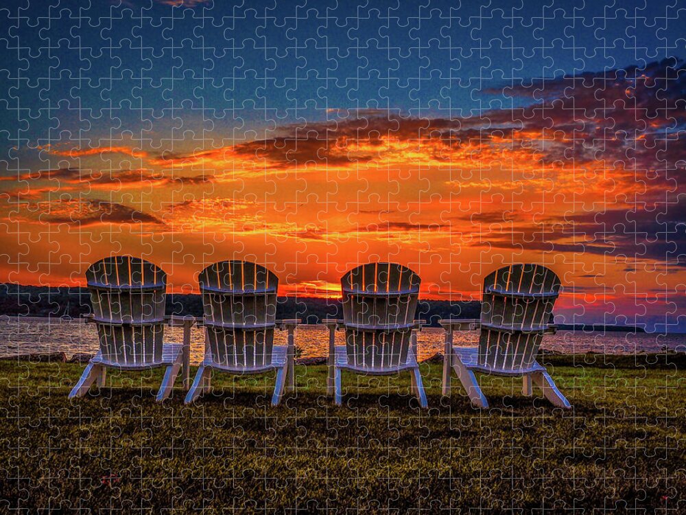 Sunset Puzzle featuring the photograph Four Chairs at Sunset in Door County by James C Richardson