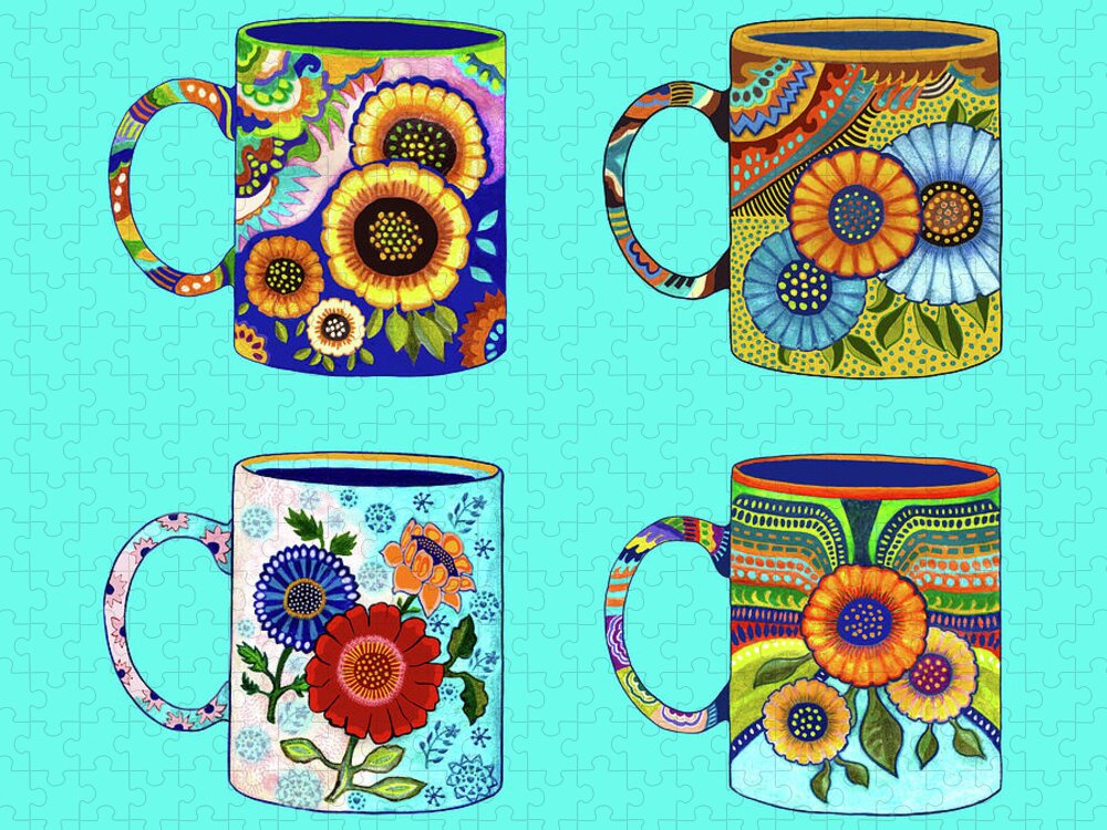 Coffee Cup Jigsaw Puzzle featuring the drawing Four Flower Coffee Cups/Mugs, Mexican Style, on Blue by Lorena Cassady