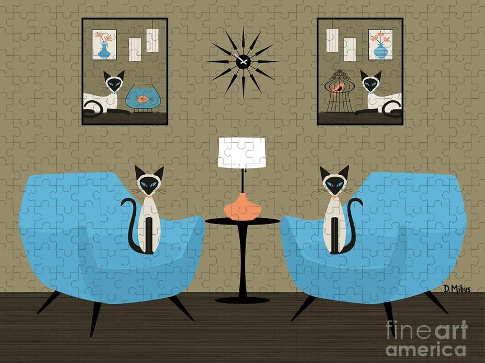 Mid Century Modern Jigsaw Puzzle featuring the digital art Four Mid Century Siamese Cats by Donna Mibus
