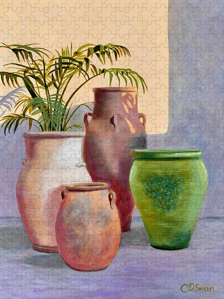 Pots Jigsaw Puzzle featuring the painting Four Pots in the Shade by Caroline Swan