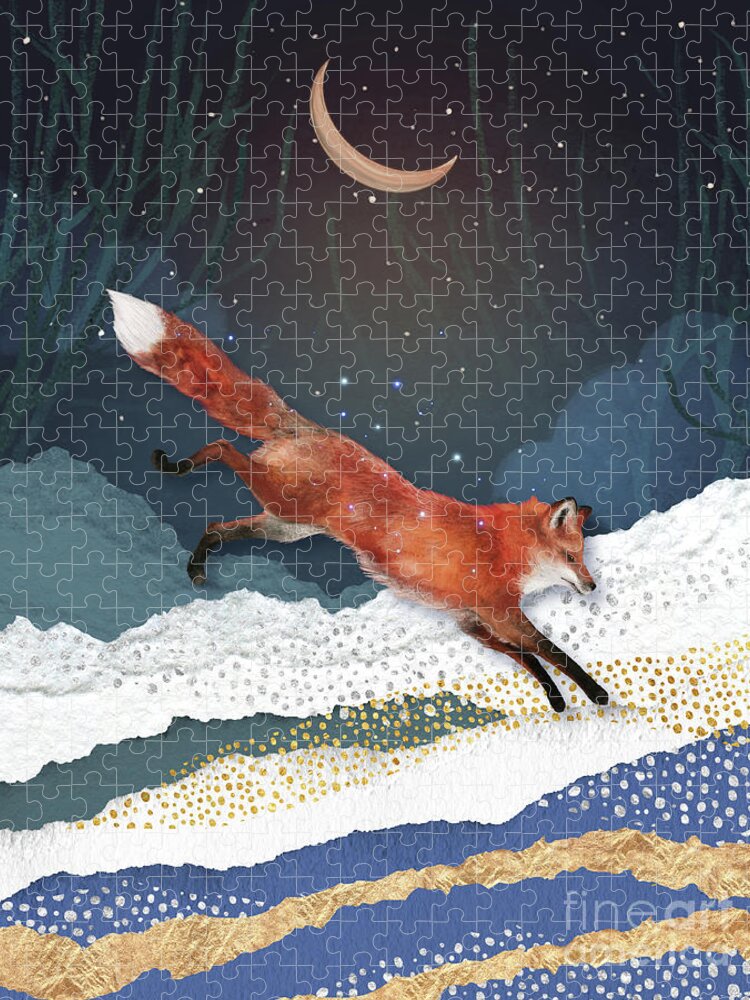 Fox And Moon Jigsaw Puzzle featuring the painting Fox And Moon by Garden Of Delights