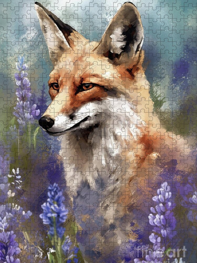 Red Fox Jigsaw Puzzle featuring the painting Fox In The Lupines by Tina LeCour