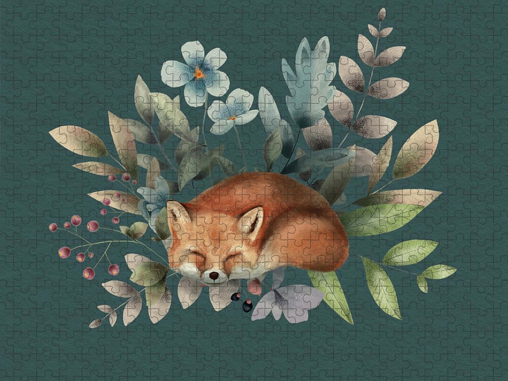 Fox Jigsaw Puzzle featuring the painting Fox With Flowers by Garden Of Delights