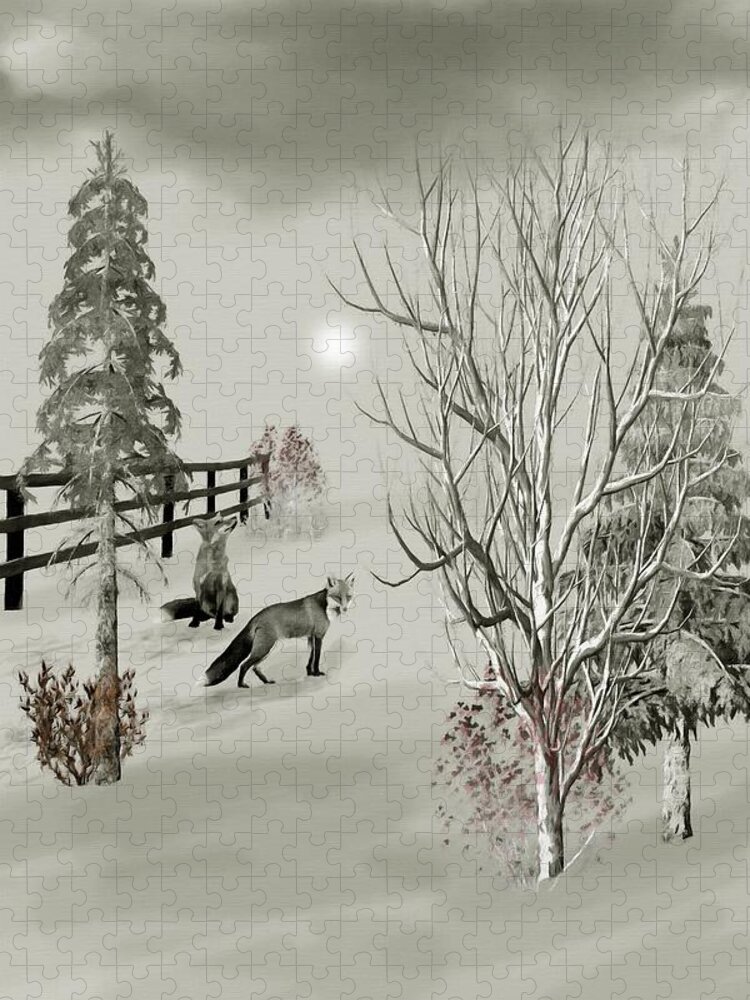 Fox Jigsaw Puzzle featuring the mixed media Foxes near the corral Winter Morning B W by David Dehner