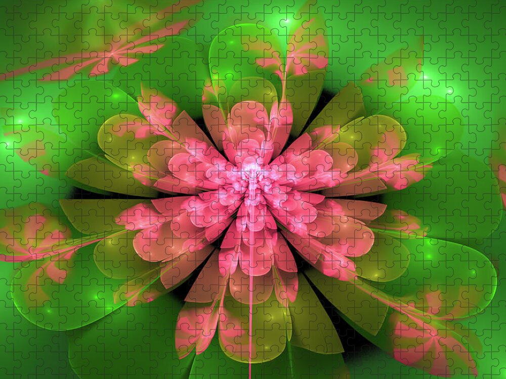 Fractal Jigsaw Puzzle featuring the digital art Fractal Flower Pink and Green by Matthias Hauser