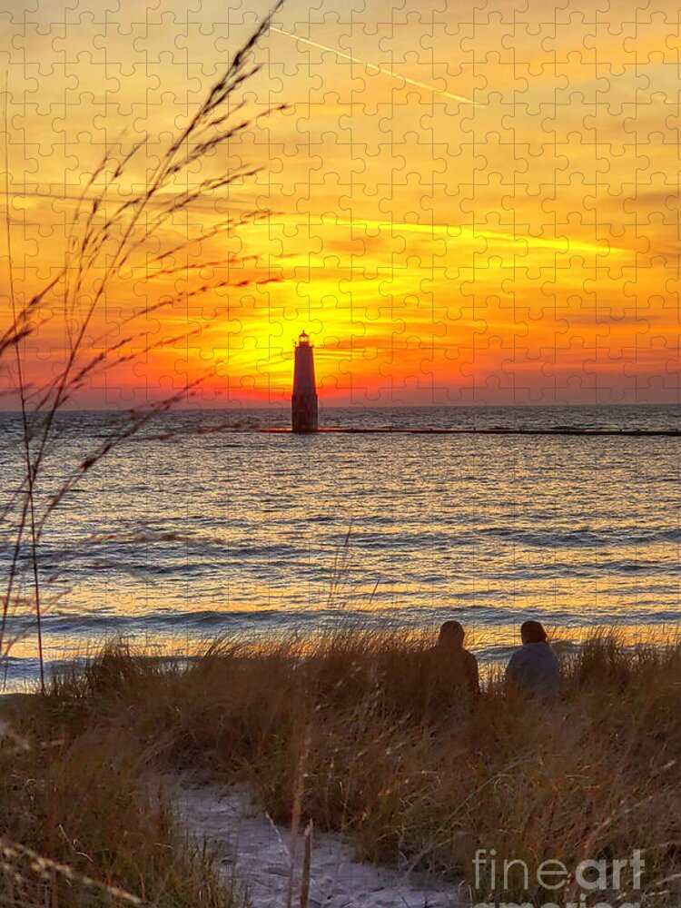 Lighthouse Frankfort Jigsaw Puzzle featuring the photograph Frankfort Beach Lighthouse Sunset -2632 by Norris Seward