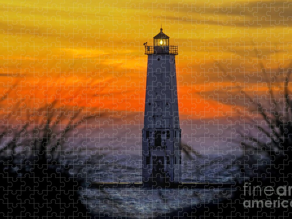 Lighthouse Frankfort Jigsaw Puzzle featuring the photograph Frankfort Lighthouse Sunset -0845 by Norris Seward