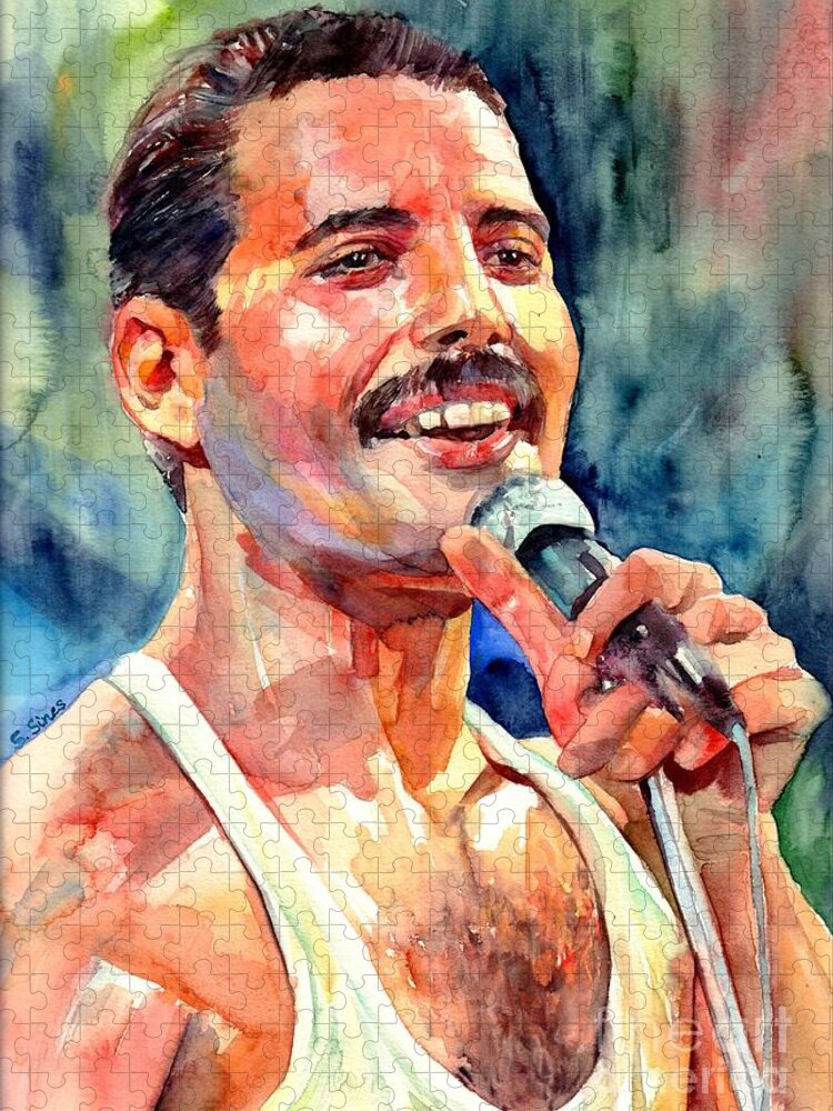 Freddie Mercury Jigsaw Puzzle featuring the painting Freddie Mercury Live Aid by Suzann Sines