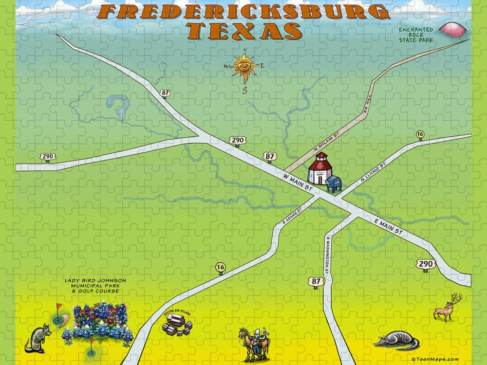 Fredericksburg Jigsaw Puzzle featuring the digital art Fredericksburg Texas Fun Map by Kevin Middleton