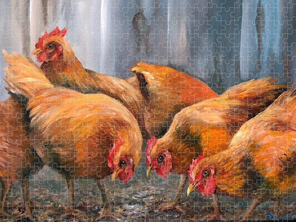 Chickens Jigsaw Puzzle featuring the painting Free Range by Barbara Landry