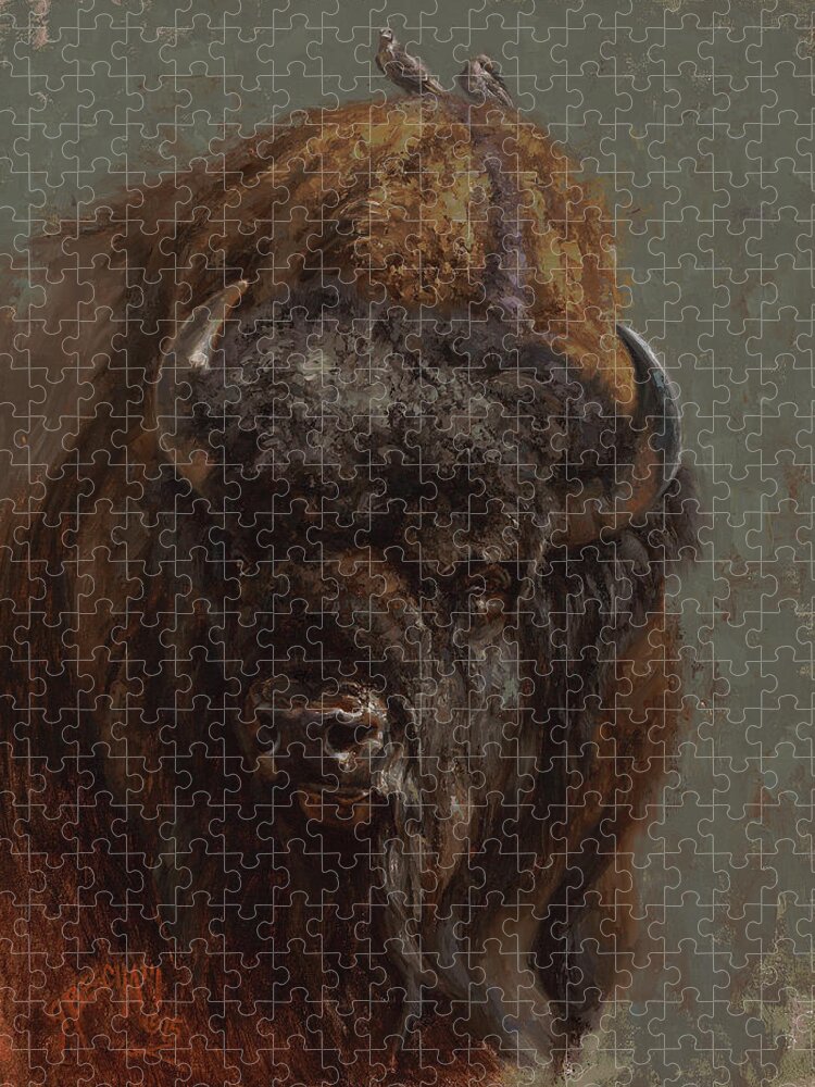 Bison Jigsaw Puzzle featuring the painting Free Ride - Dinner Included by Greg Beecham