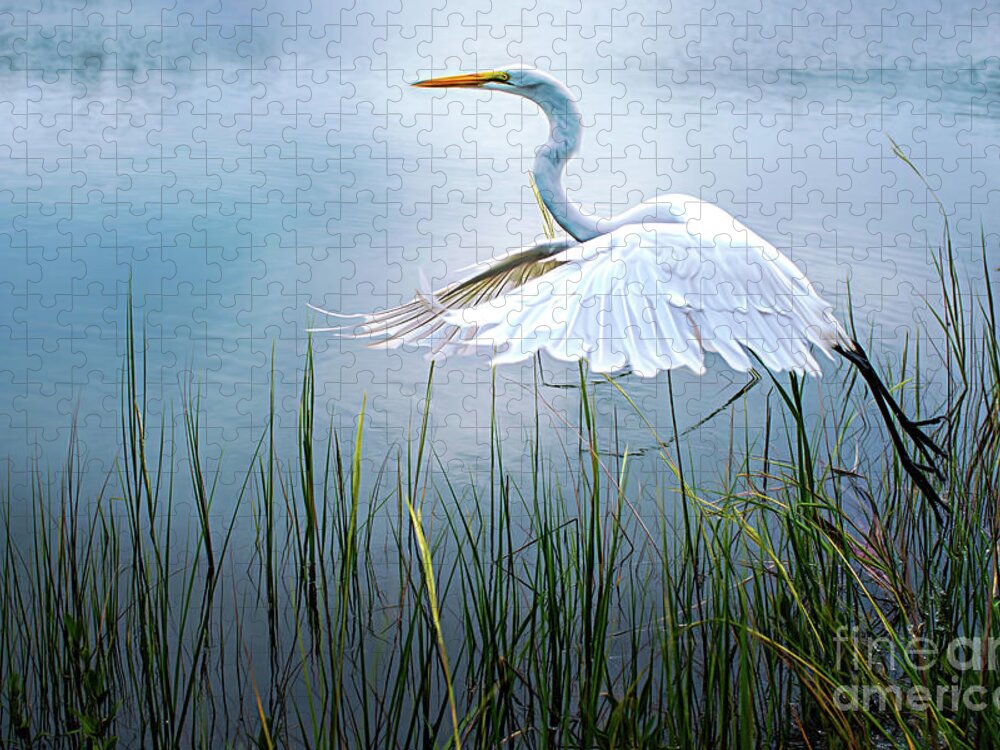 Blue Great Egret Jigsaw Puzzle featuring the photograph Freedom in Flight by Amy Dundon