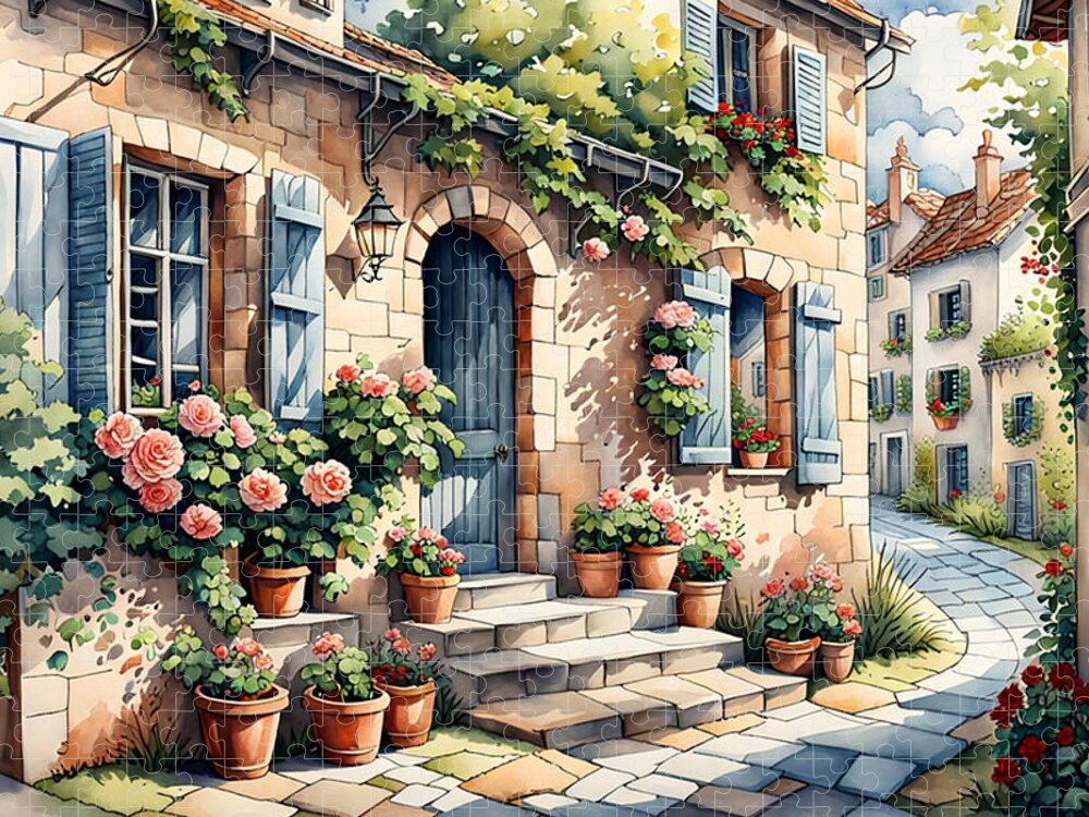 Landscape Jigsaw Puzzle featuring the digital art French Village by Manjik Pictures