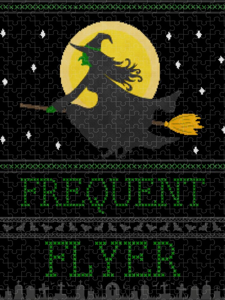 Witch Jigsaw Puzzle featuring the digital art Frequent Flyer Ugly Halloween Witch Sweater by Flippin Sweet Gear