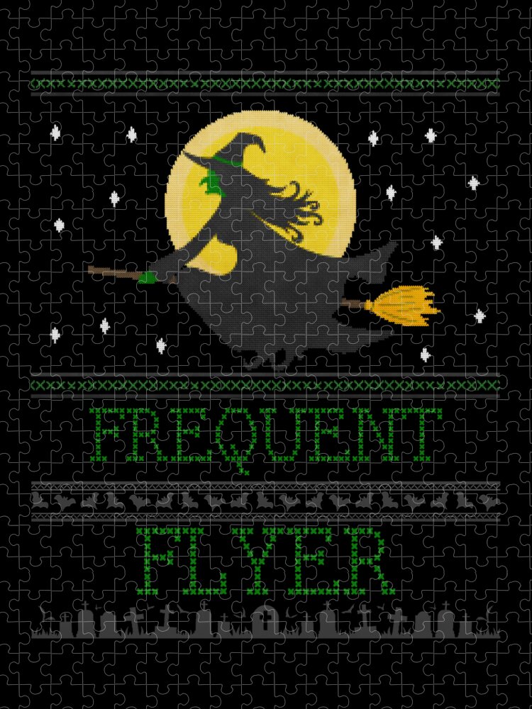 Cool Jigsaw Puzzle featuring the digital art Frequent Flyer Ugly Halloween Witch Sweater by Flippin Sweet Gear