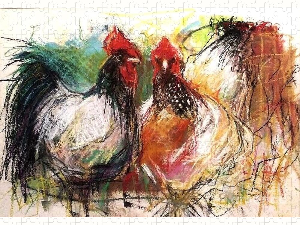 Chickens Jigsaw Puzzle featuring the painting Fridays Chickens by Frances Marino