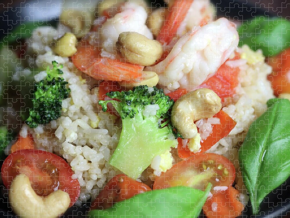 Rice Jigsaw Puzzle featuring the photograph Fried Rice With Nuts Shrimp Broccoli Basil And Tomatoes by Johanna Hurmerinta