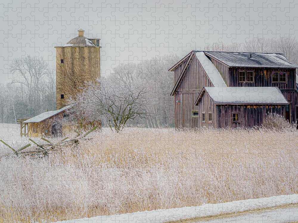 #winter #landscape #photograph #fine Art #door County #wisconsin #midwest #wall Décor #wall Art #hiking #walking #long Exposure #focus Stacking #hdr Photography #adventure #outside #environment #outdoor Lover #snow #ice #cold #snowshoeing # Cross Country Skiing #silo #fence #frost #rimice #hoarfrost #naturepreserve #farmbuildings #abandoned #trees #oaks #crops Jigsaw Puzzle featuring the photograph Frosted Farm by David Heilman
