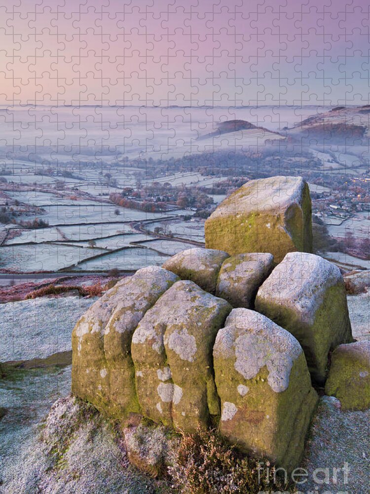 Froggatt Edge Jigsaw Puzzle featuring the photograph Frosty Curbar edge sunrise, Peak District, England by Neale And Judith Clark