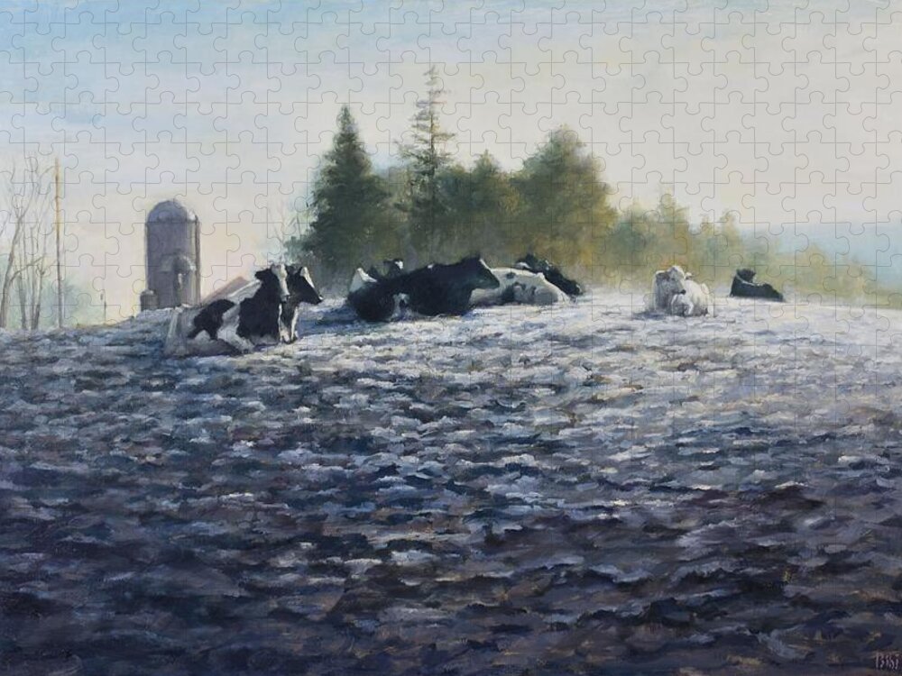 Cows On A Hill Jigsaw Puzzle featuring the painting Frosty Morning by Bibi Snelderwaard Brion