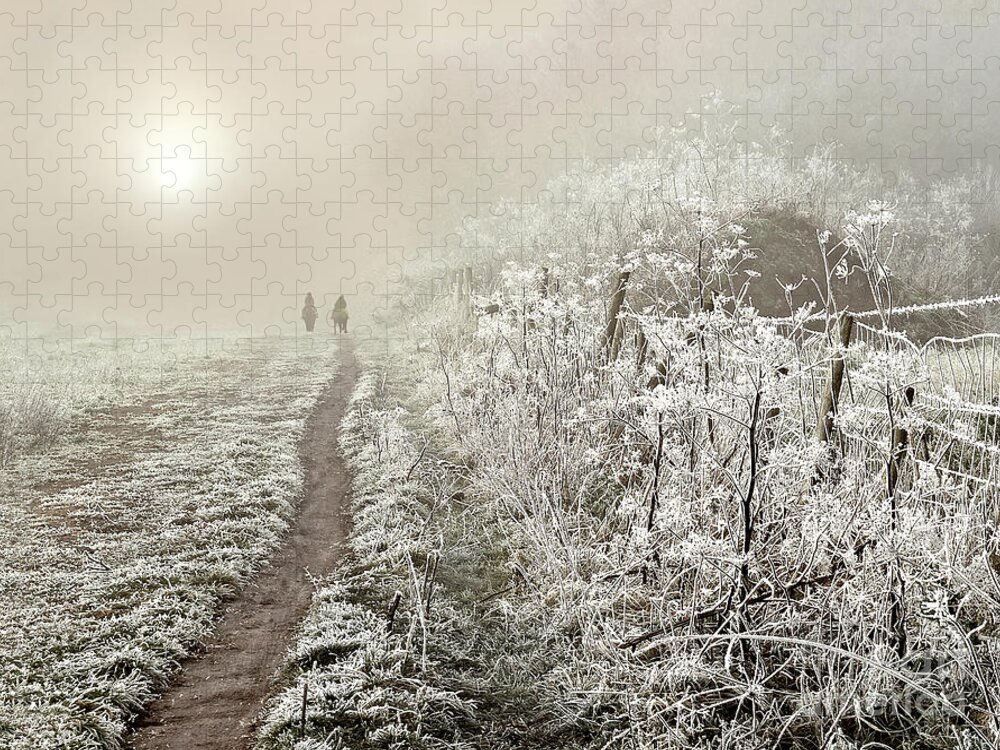 Artistic Jigsaw Puzzle featuring the photograph Frosty Winter Morning - Romantic Duo Horsemen Ride by Tatiana Bogracheva