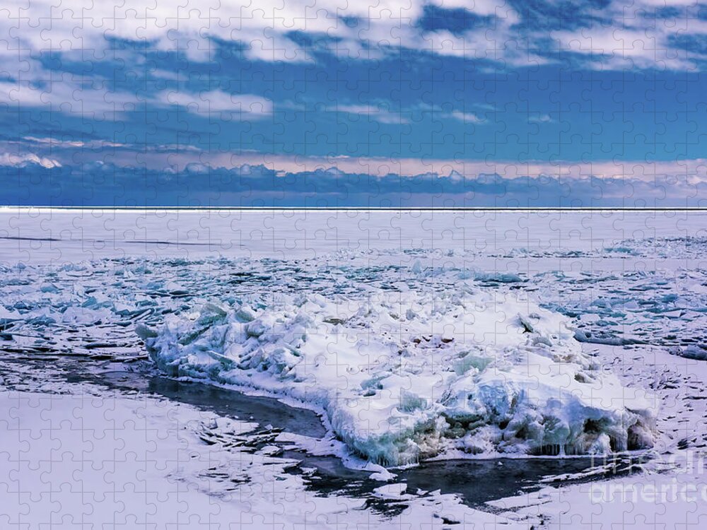Great Lakes Jigsaw Puzzle featuring the photograph Frozen sculptures on Lake Huron WI10491 by Mark Graf