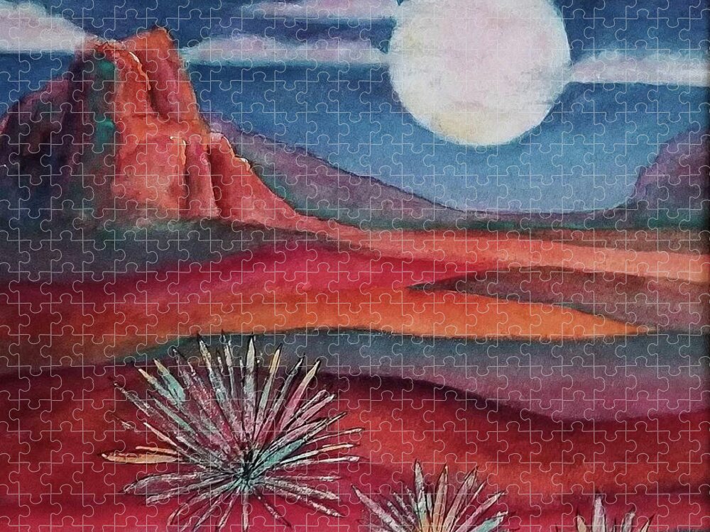 Landscape Jigsaw Puzzle featuring the mixed media Full Desert Moon by Terry Ann Morris