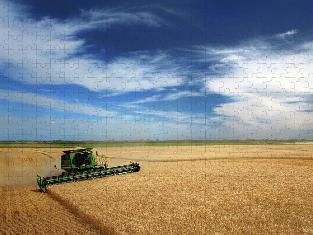 John Deere Jigsaw Puzzle featuring the photograph Full Hopper - John Deere combine harvesting wheat on rolling ND prairie by Peter Herman